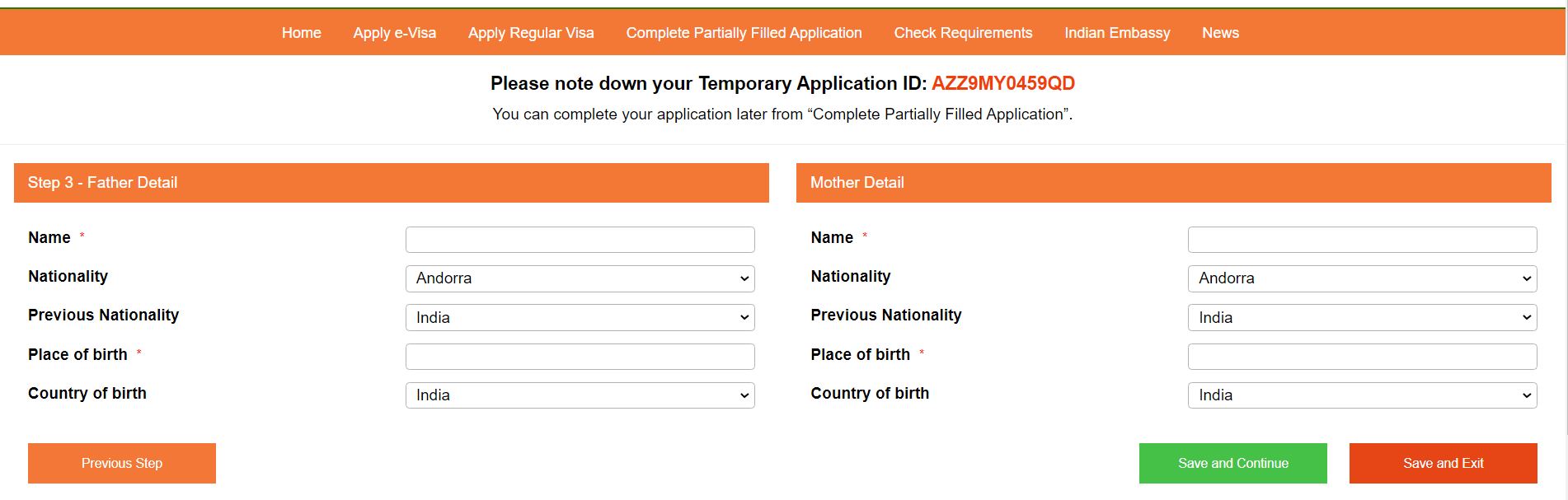 Indian visa form, provide applicant father and mother details