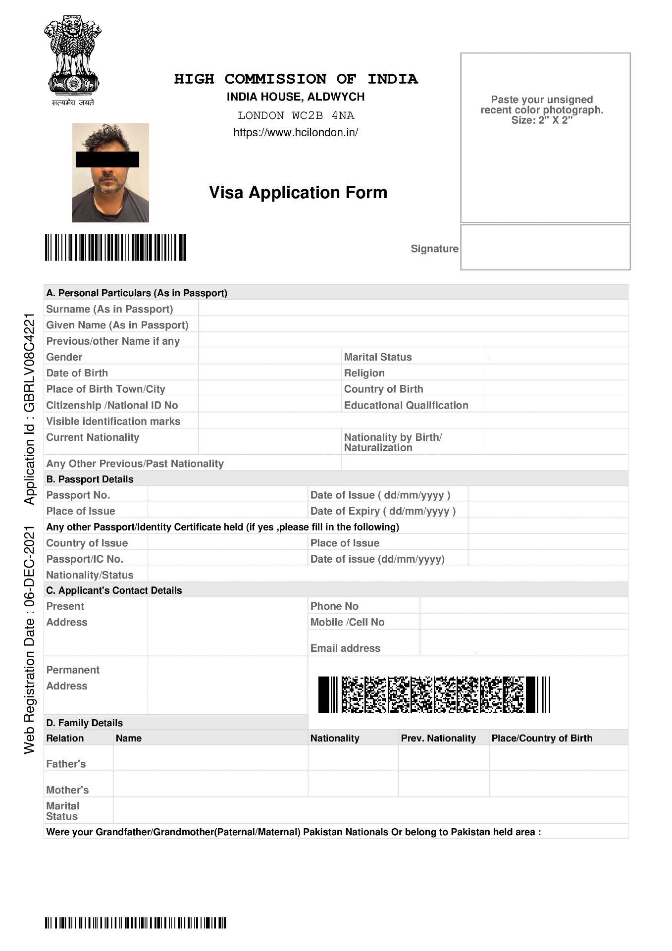 India Regular Visa Application Form Sample