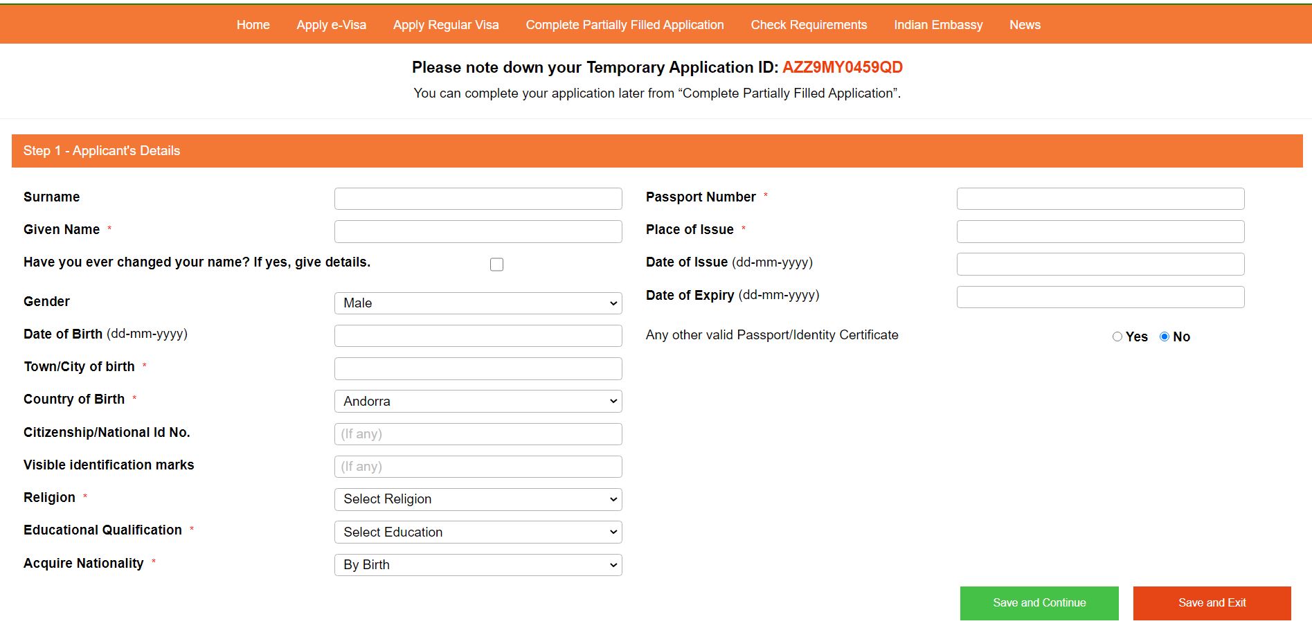 Indian visa form, fill personal details & passport details