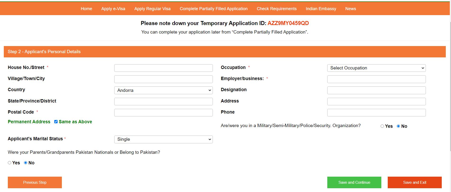 Indian visa form, provide address and contact info